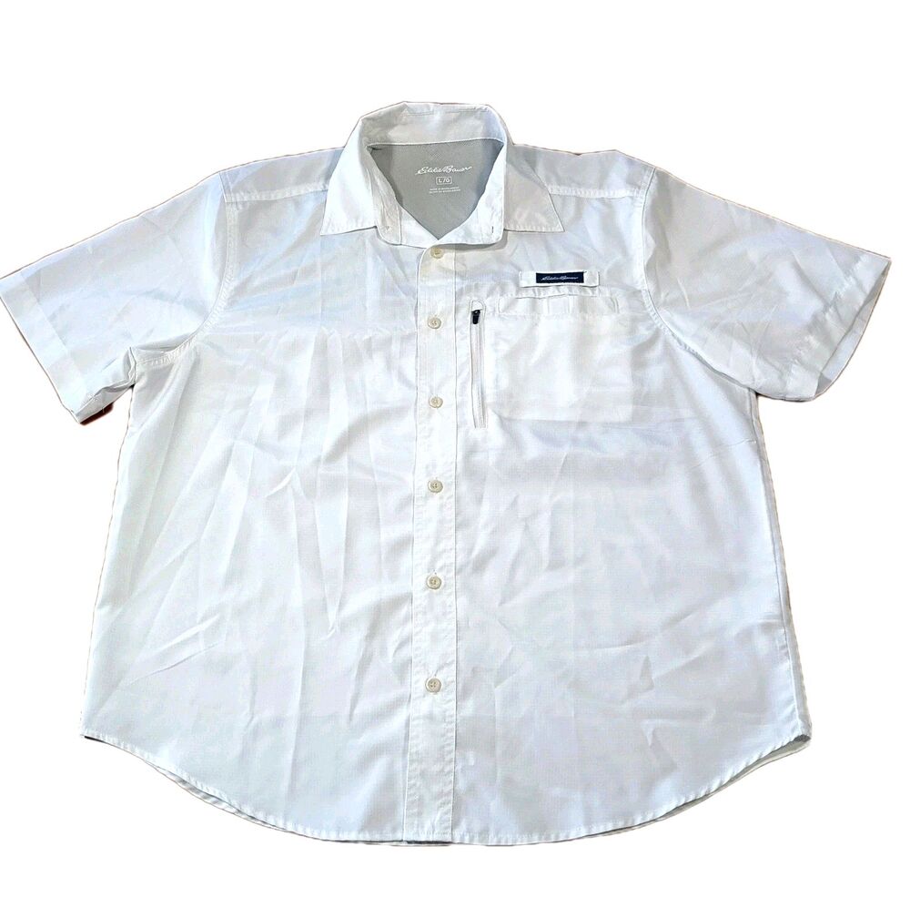Eddie Bauer Mens L White Short Sleeve Ripstop Fishing Hiking Shirt Boating
